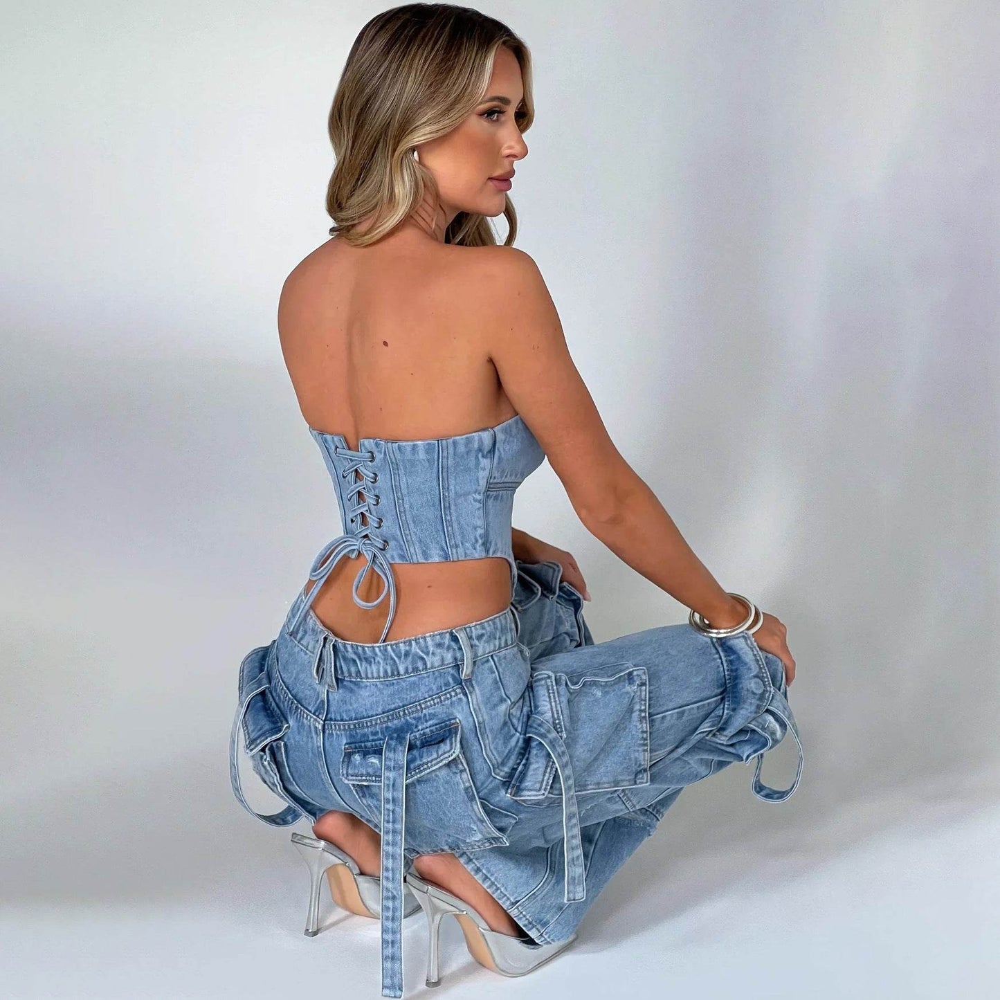 Two Piece Low Waist Jean Set - My Store