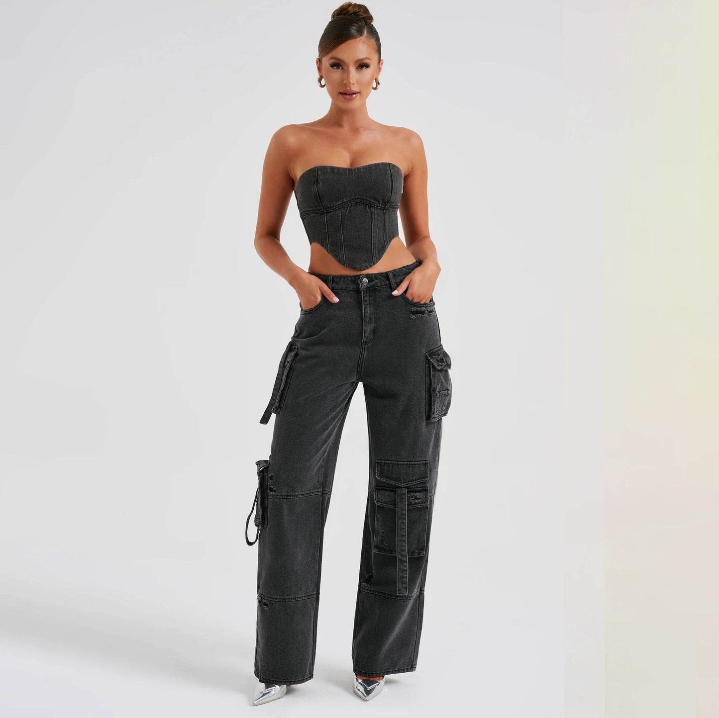 Two Piece Low Waist Jean Set - My Store