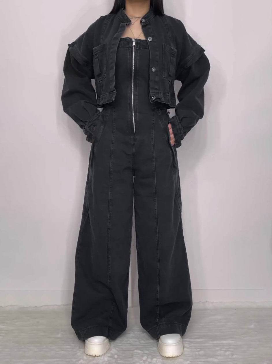 Denim Bandeau Zipper Jumpsuit & Jacket Set - My Store