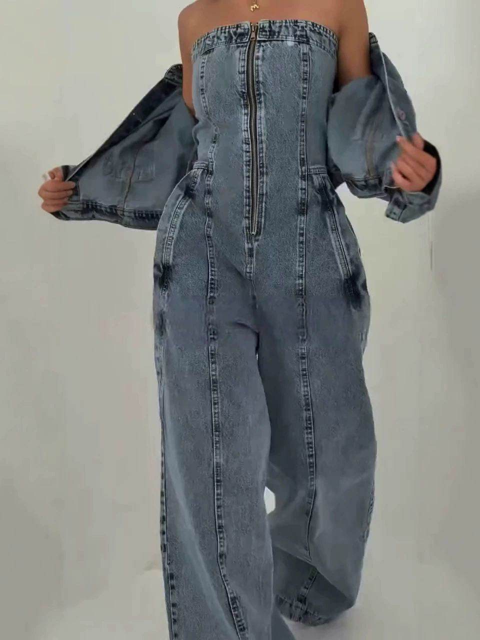 Denim Bandeau Zipper Jumpsuit & Jacket Set - My Store