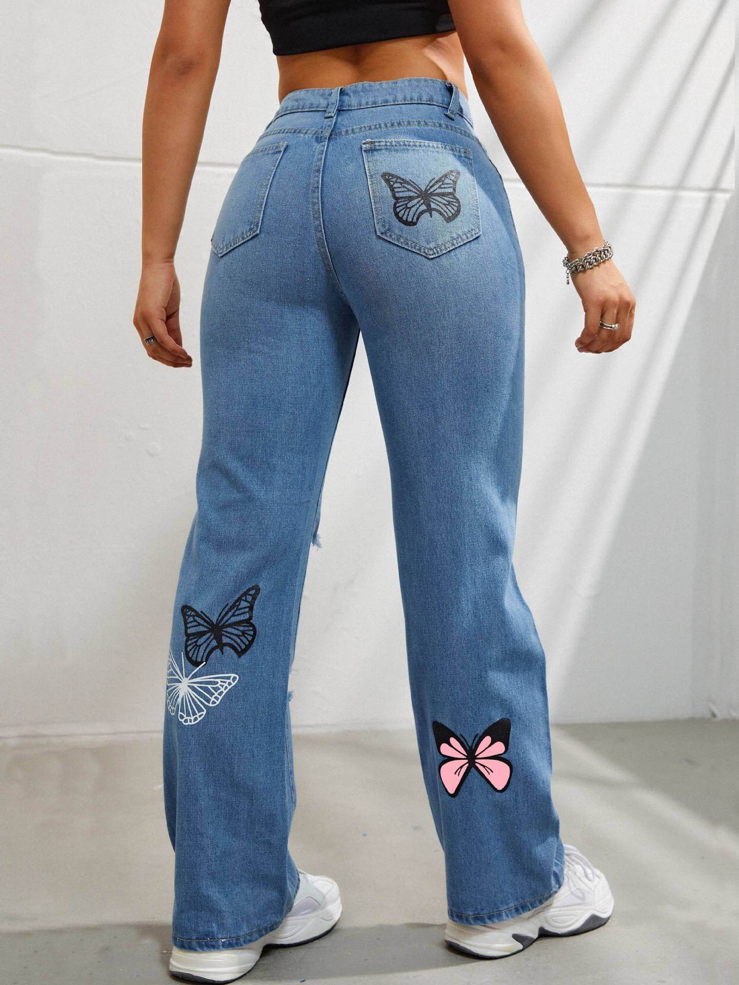 Butterfly Print High Waisted Jeans - My Store
