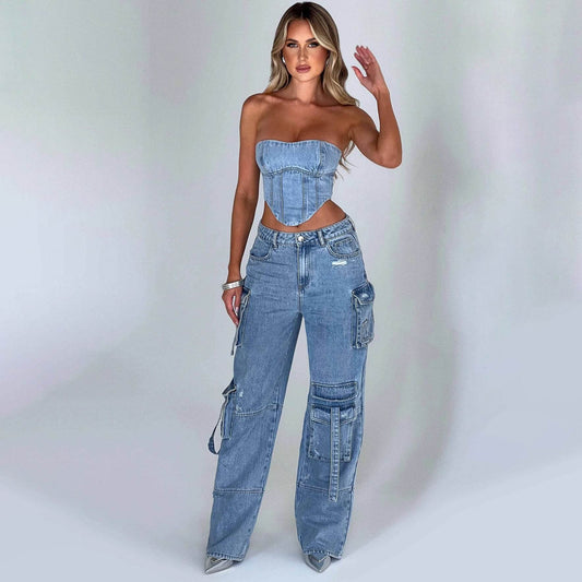 Two Piece Low Waist Jean Set - My Store