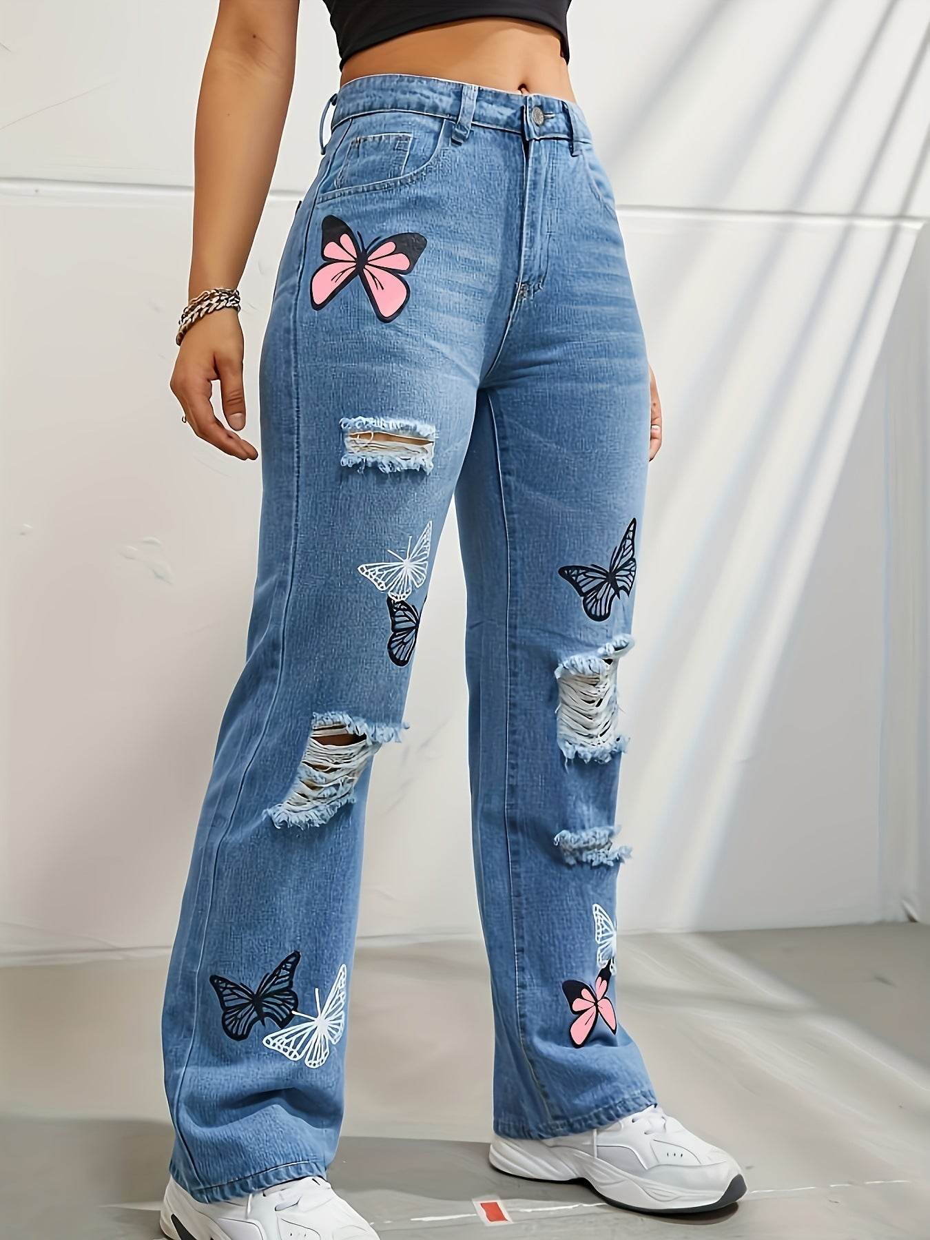 Butterfly Print High Waisted Jeans - My Store