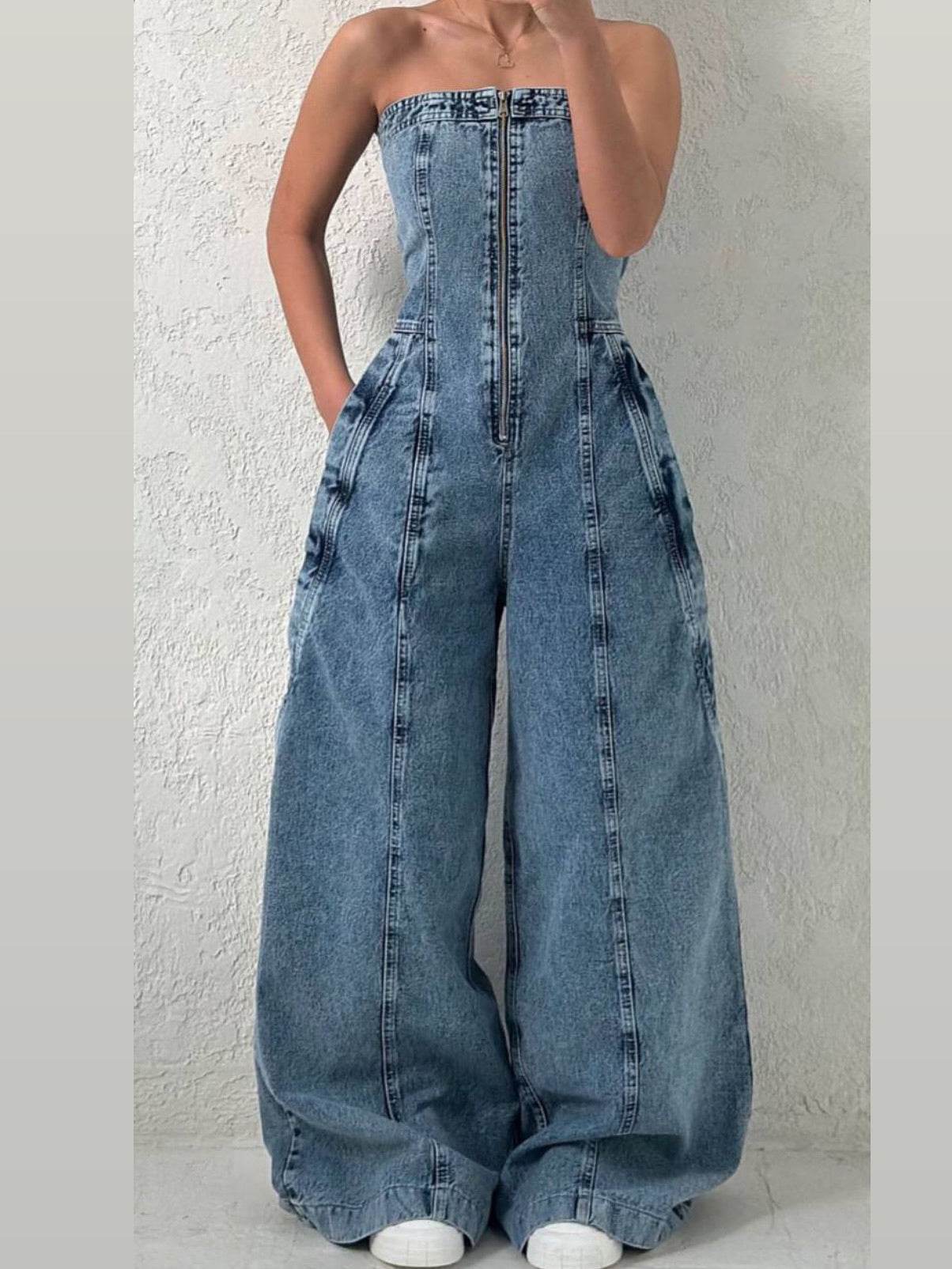 Denim Bandeau Zipper Jumpsuit & Jacket Set - My Store