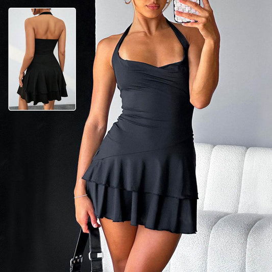 Slim Halter-neck Dress Ins Fashion Sleeveless Backless Ruffled Short Dresses Summer Clothing For Women - My Store