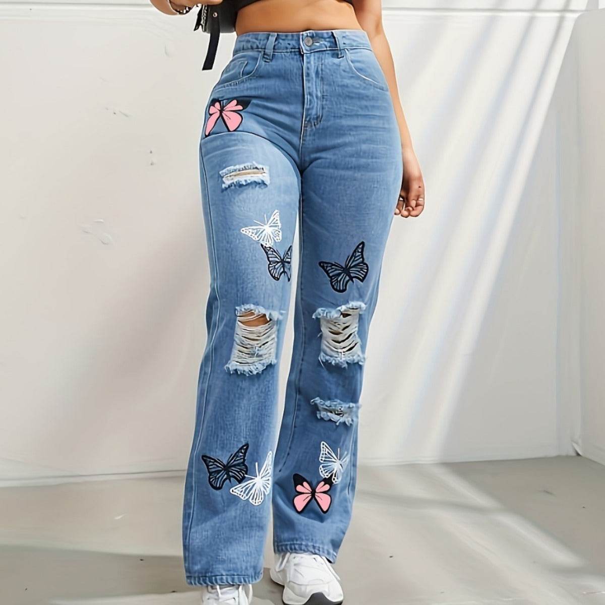 Butterfly Print High Waisted Jeans - My Store
