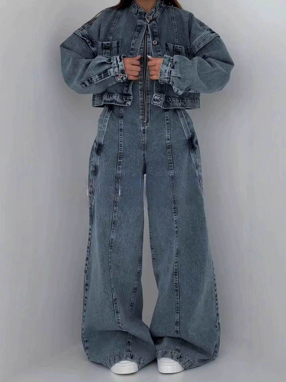 Denim Bandeau Zipper Jumpsuit & Jacket Set - My Store