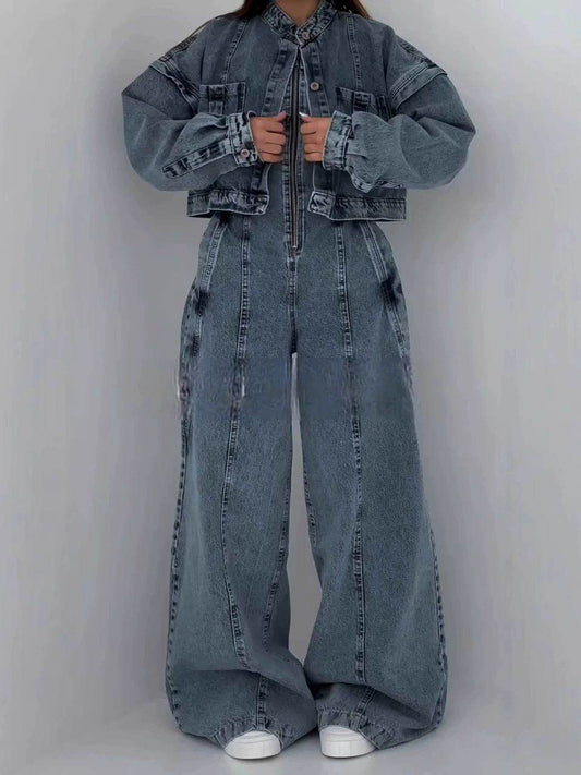 Denim Bandeau Zipper Jumpsuit & Jacket Set - My Store