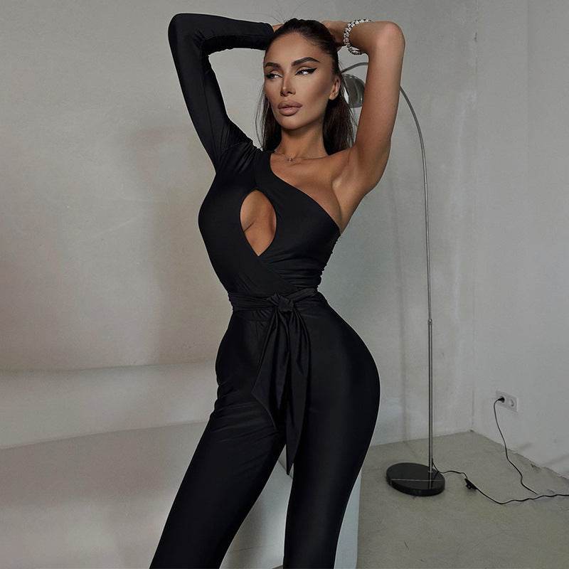 High-stretch Body-shaping Tights Female Fashion Hot Sexy Backless One Shoulder Sleeve Jumpsuit - My Store
